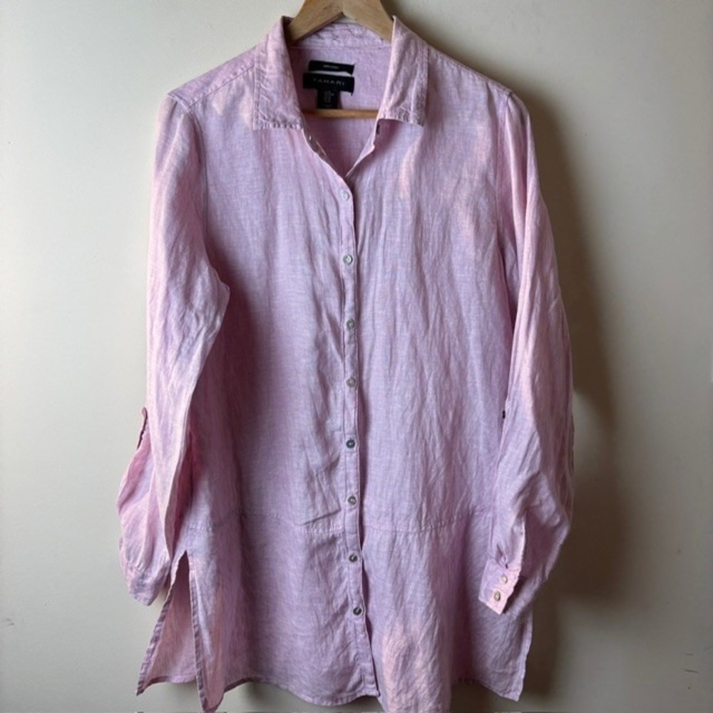 Womens M Tahari Long Linen Tunic Shirt Lilac Button Up Roll Tab Sleeve Slit Side